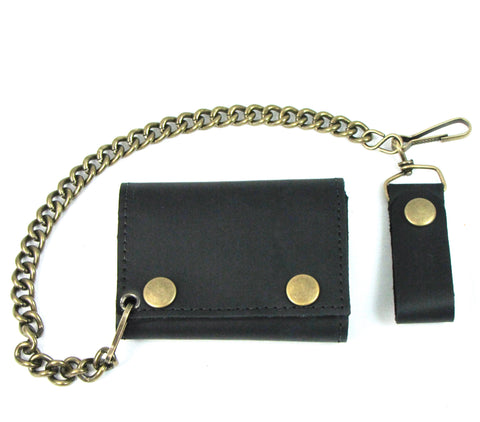 OTB334 Oil Tanned Tri-Fold Wallet w/ Antique Brass Chain & Snaps