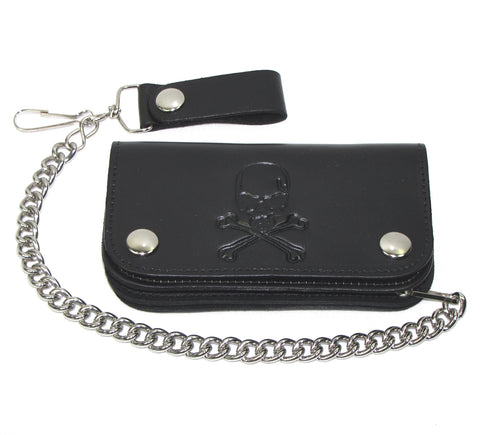 BT412-6  6"  Blk Veg Tan Biker Wallet- Skull & Cross Bones